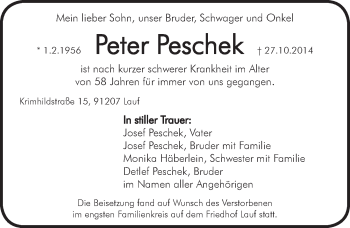 Traueranzeige von Peter Peschek von Pegnitz-Zeitung